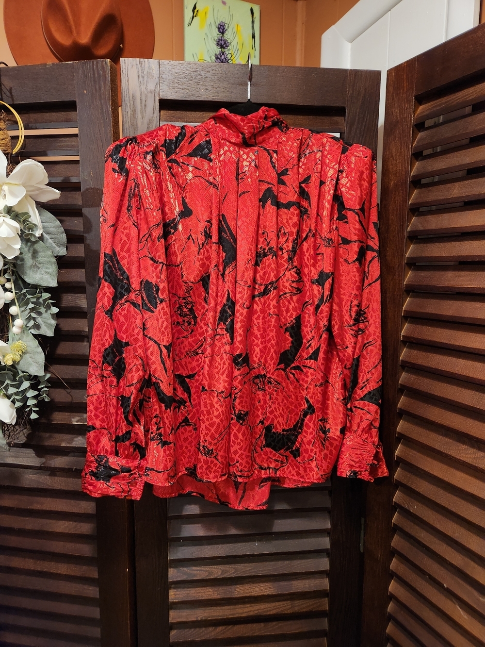 Vintage Red and Black Floral Print Blouse
